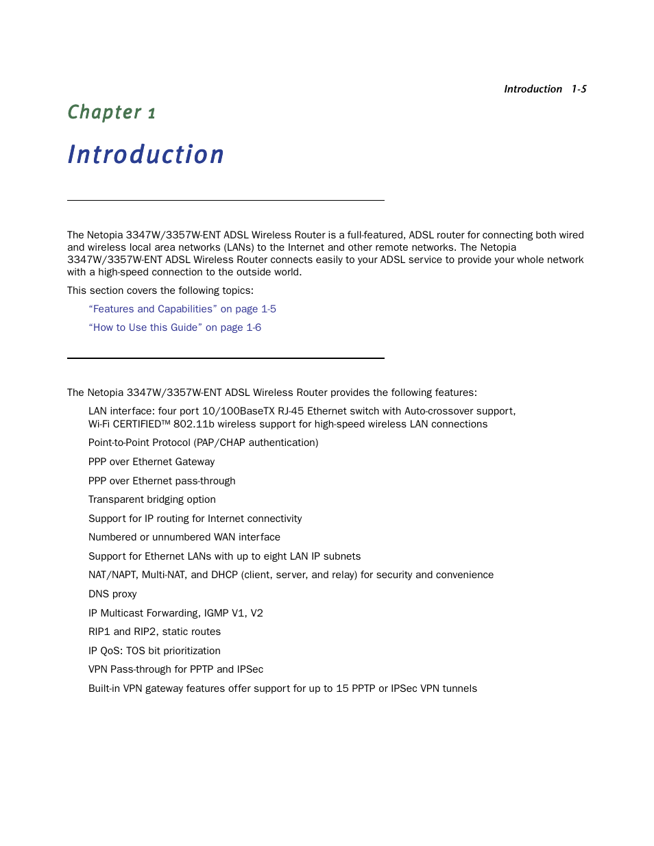 Introduction, Overview, Features and capabilities | Chapter 1 — introduction -5, Over view -5, Features and capabilities -5 | Netopia 3347W User Manual | Page 5 / 44