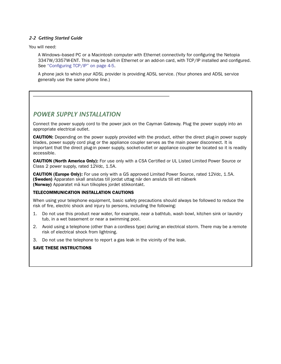 Important safety instructions, Power supply installation, Impor tant safety instructions -2 | Power supply installation -2 | Netopia 3347W User Manual | Page 8 / 44
