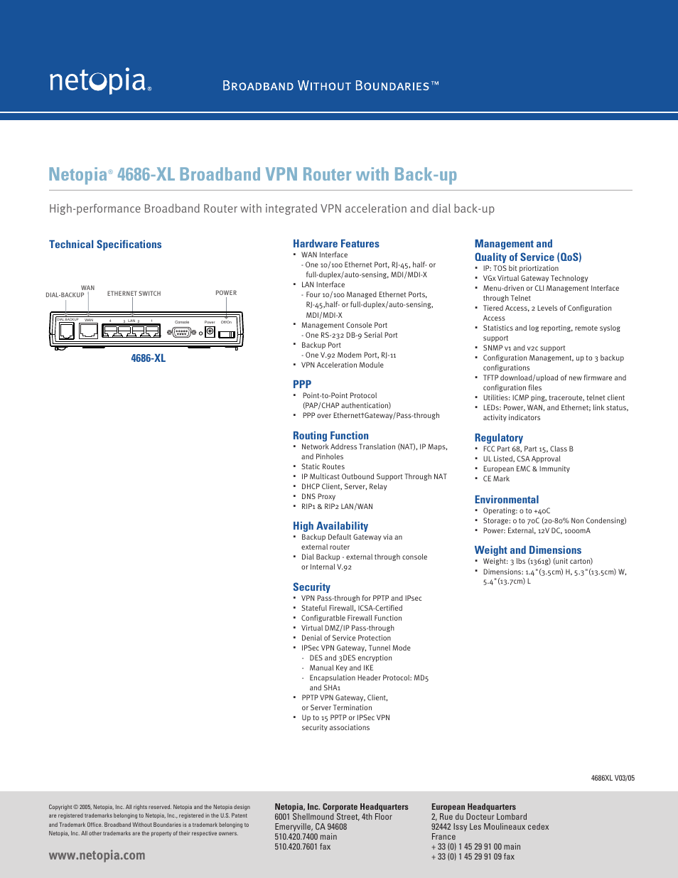 Netopia, 4686-xl broadband vpn router with back-up, Hardware features | Routing function, High availability, Security, Management and quality of service (qos), Regulatory, Environmental, Weight and dimensions | Netopia 4686-XL User Manual | Page 2 / 2