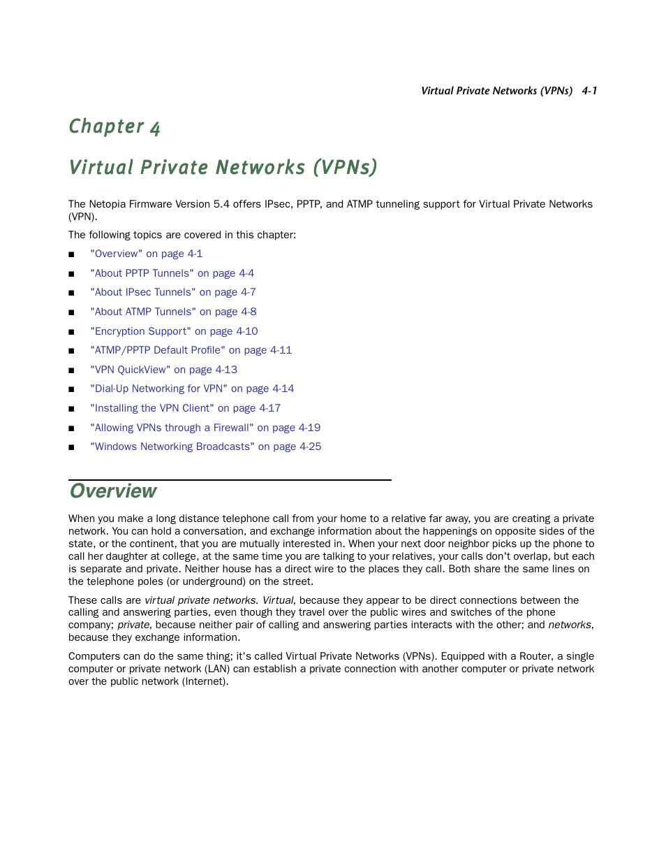 Virtual private networks (vpns), Overview, Chapter 4 — virtual private networks (vpns) -1 | Over view -1, See also, Chapter 4, “vir tual, Private networks (vpns) | Netopia Firmware 4000-Series User Manual | Page 103 / 314