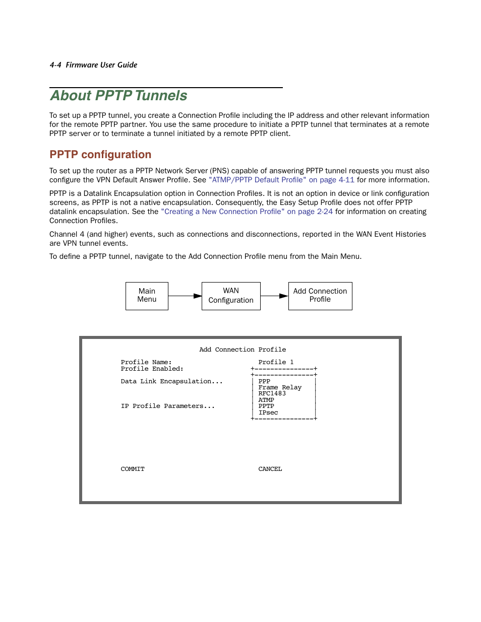About pptp tunnels, Pptp configuration, About pptp tunnels -4 | Pptp configuration -4, Pptp conﬁguration | Netopia Firmware 4000-Series User Manual | Page 106 / 314