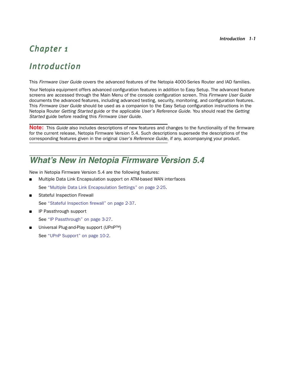 Introduction, What’s new in netopia firmware version 5.4, Chapter 1 — introduction -1 | What’s new in netopia firmware version 5.4 -1 | Netopia Firmware 4000-Series User Manual | Page 11 / 314