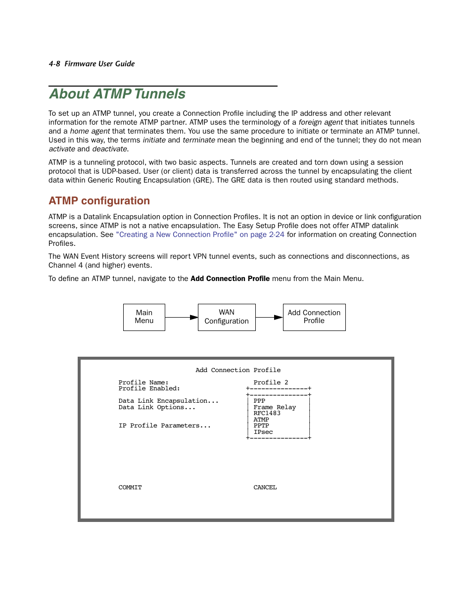 About atmp tunnels, Atmp configuration, About atmp tunnels -8 | Atmp configuration -8, Atmp conﬁguration | Netopia Firmware 4000-Series User Manual | Page 110 / 314