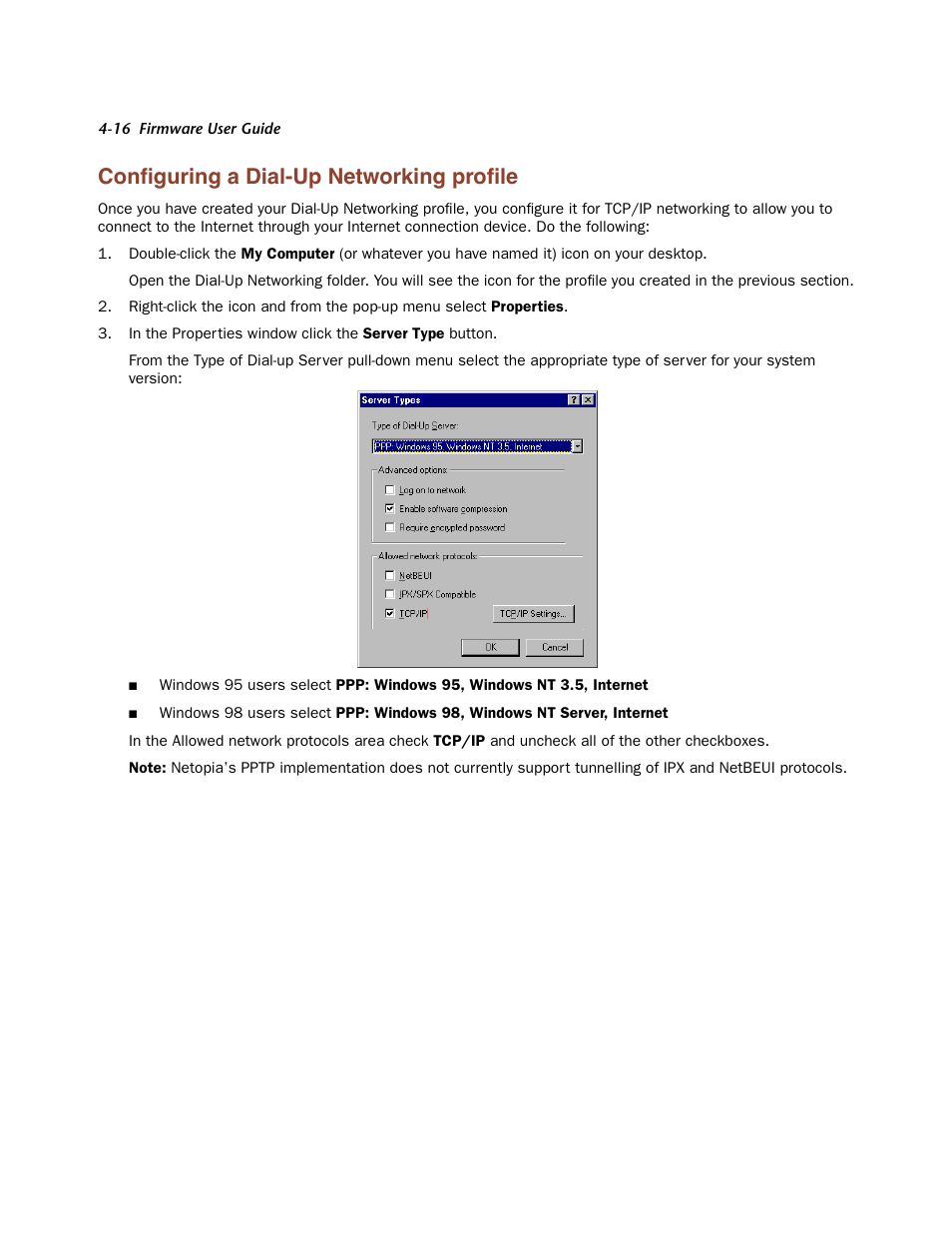 Configuring a dial-up networking profile, Configuring a dial-up networking profile -16, Conﬁguring a dial-up networking proﬁle | Netopia Firmware 4000-Series User Manual | Page 118 / 314