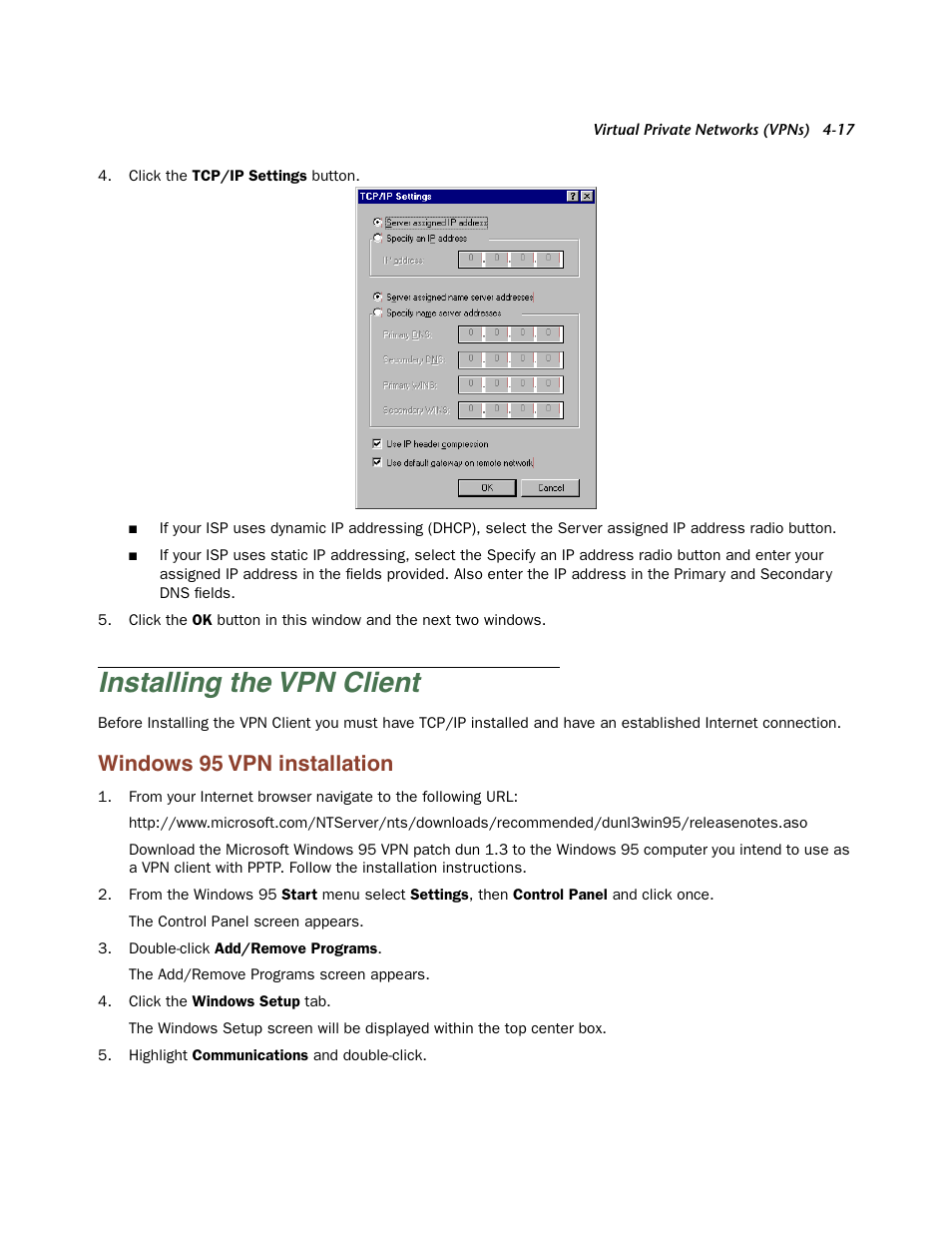 Installing the vpn client, Windows 95 vpn installation, Installing the vpn client -17 | Windows 95 vpn installation -17 | Netopia Firmware 4000-Series User Manual | Page 119 / 314