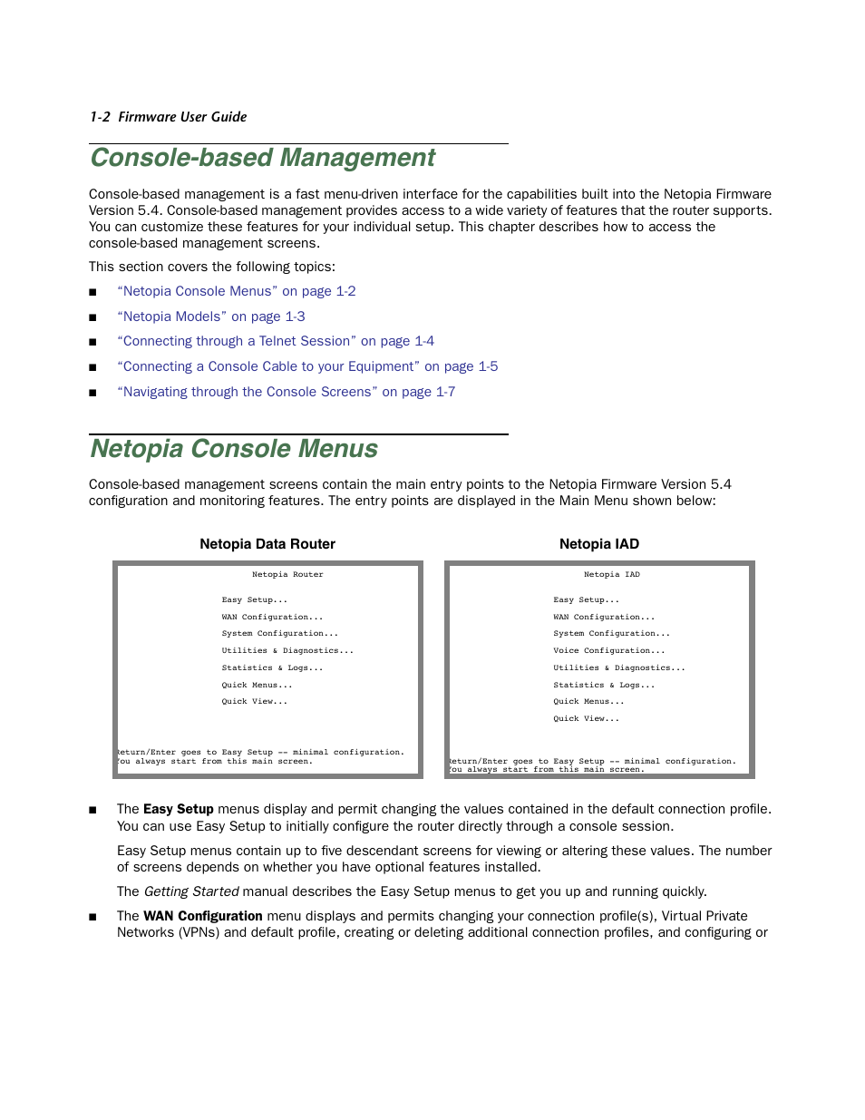 Console-based management, Netopia console menus, Console-based management -2 | Netopia console menus -2 | Netopia Firmware 4000-Series User Manual | Page 12 / 314