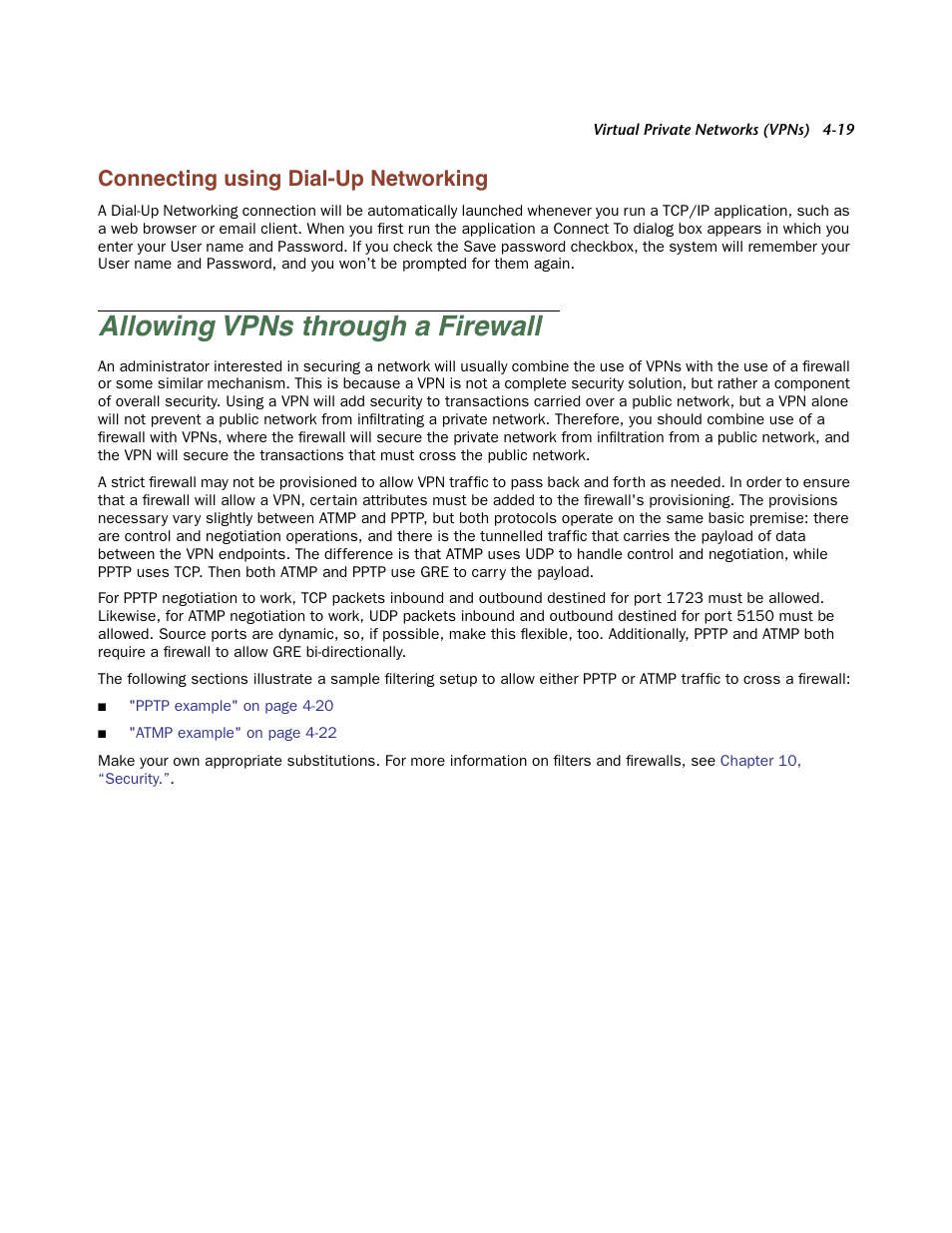 Connecting using dial-up networking, Allowing vpns through a firewall, Connecting using dial-up networking -19 | Allowing vpns through a firewall -19 | Netopia Firmware 4000-Series User Manual | Page 121 / 314