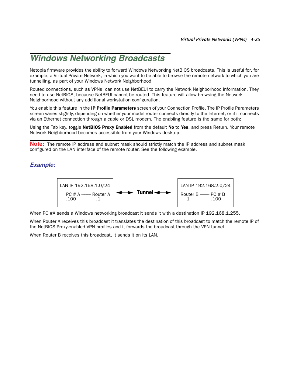 Windows networking broadcasts, Example, Windows networking broadcasts -25 | Netopia Firmware 4000-Series User Manual | Page 127 / 314