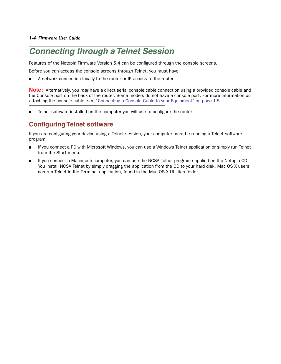 Connecting through a telnet session, Configuring telnet software, Connecting through a telnet session -4 | Configuring telnet software -4, Conﬁguring telnet software | Netopia Firmware 4000-Series User Manual | Page 14 / 314