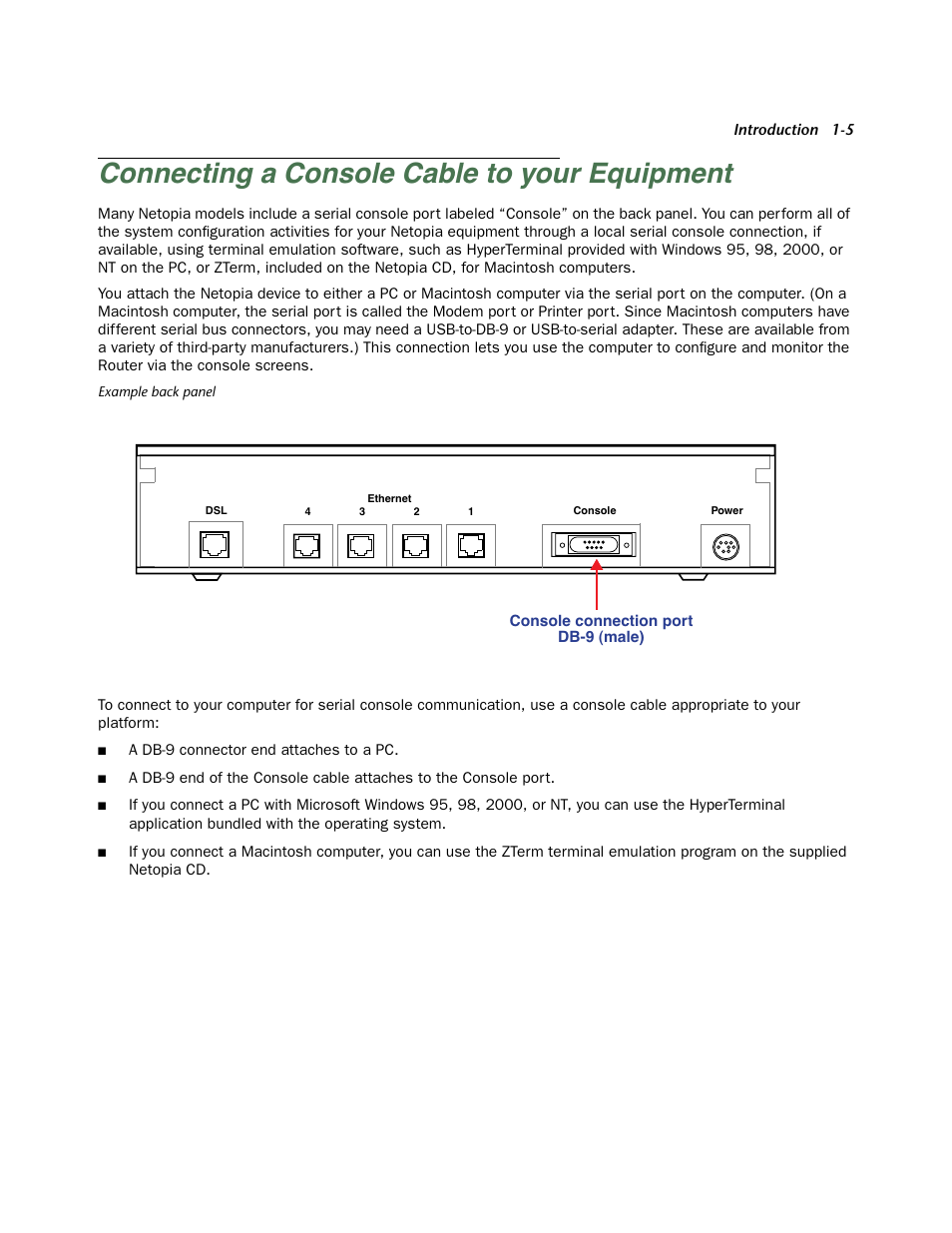 Connecting a console cable to your equipment, Connecting a console cable to your equipment -5 | Netopia Firmware 4000-Series User Manual | Page 15 / 314
