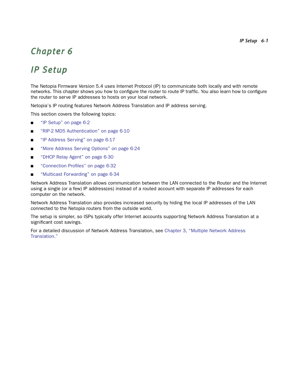 Ip setup, Chapter 6 — ip setup -1 | Netopia Firmware 4000-Series User Manual | Page 153 / 314