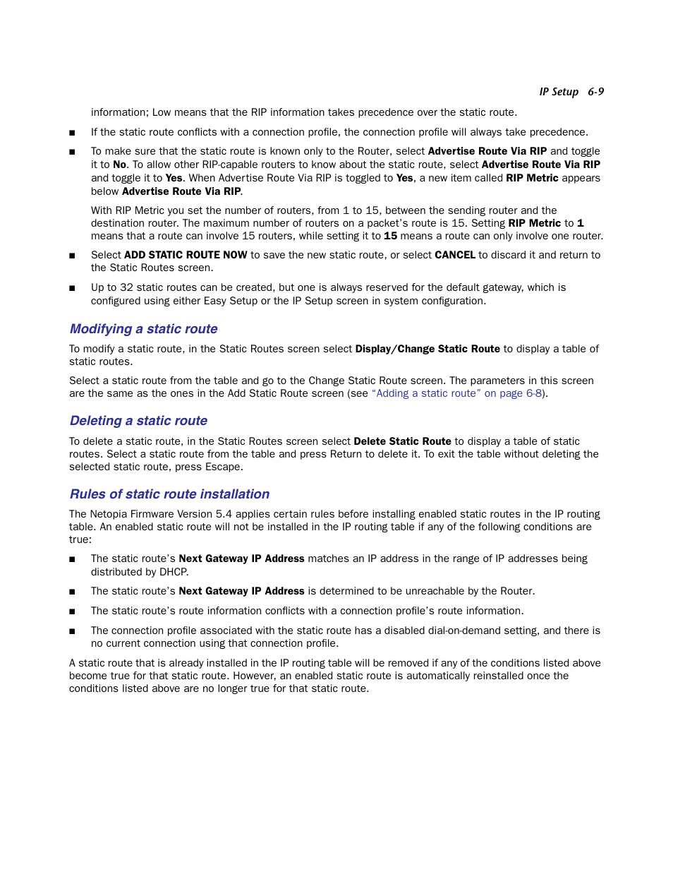 Modifying a static route, Deleting a static route, Rules of static route installation | Outing table. see, Rules of static | Netopia Firmware 4000-Series User Manual | Page 161 / 314