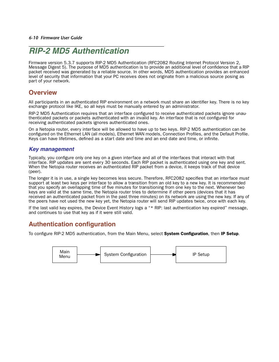 Rip-2 md5 authentication, Overview, Key management | Authentication configuration, Rip-2 md5 authentication -10, Over view -10, Authentication configuration -10, Authentication conﬁguration | Netopia Firmware 4000-Series User Manual | Page 162 / 314