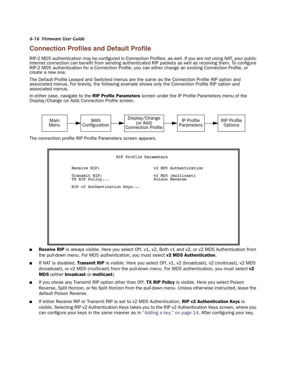 Connection profiles and default profile, Connection profiles and default profile -16, Connection proﬁles and default proﬁle | Netopia Firmware 4000-Series User Manual | Page 168 / 314