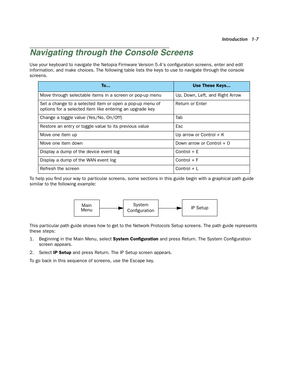 Navigating through the console screens, Navigating through the console screens -7 | Netopia Firmware 4000-Series User Manual | Page 17 / 314