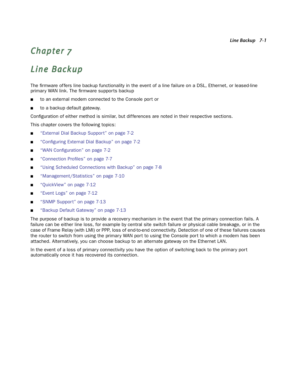 Line backup, Chapter 7 — line backup -1 | Netopia Firmware 4000-Series User Manual | Page 189 / 314