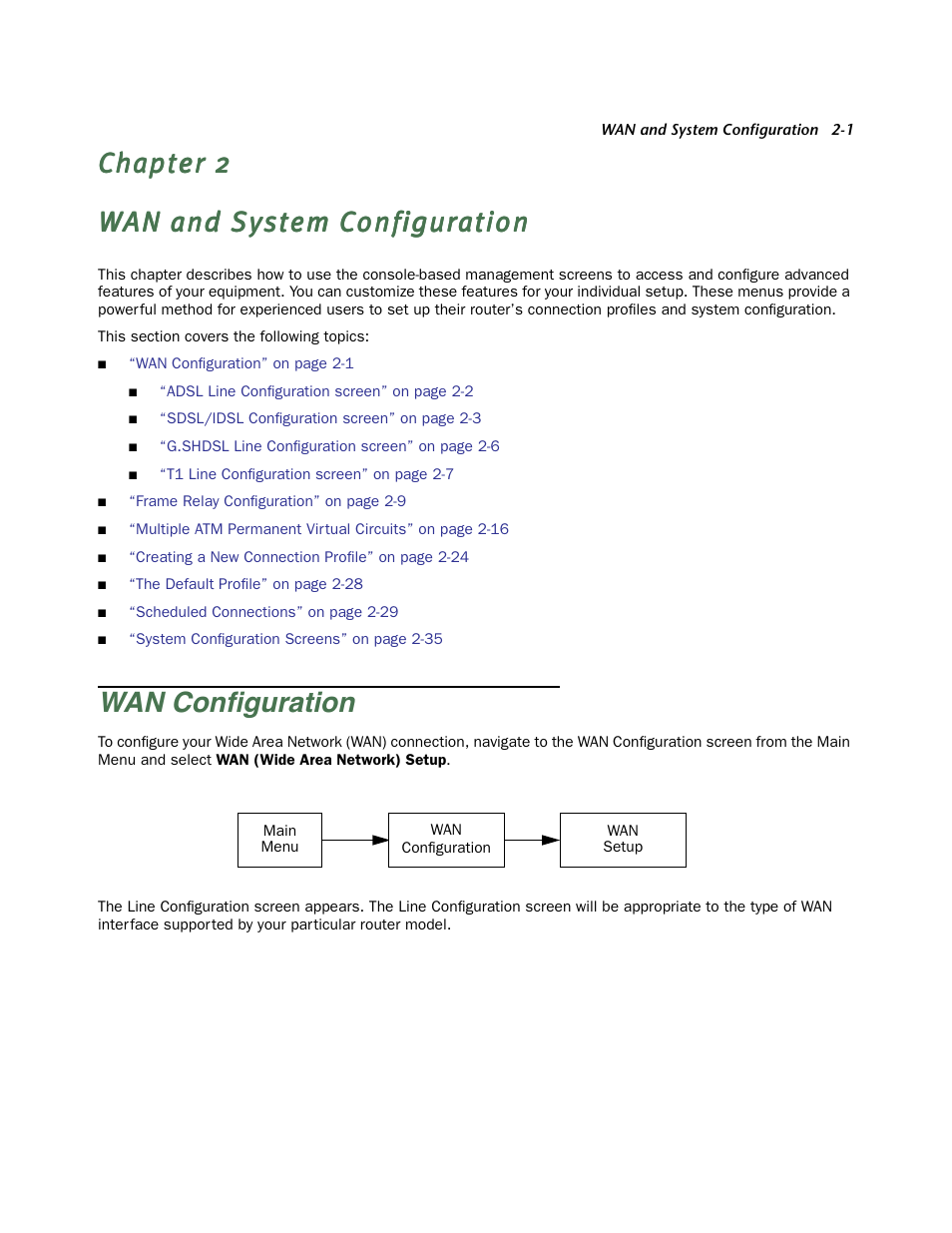Wan and system configuration, Wan configuration, Chapter 2 — wan and system configuration -1 | Wan configuration -1, Emote site. see, Wan conﬁguration | Netopia Firmware 4000-Series User Manual | Page 19 / 314