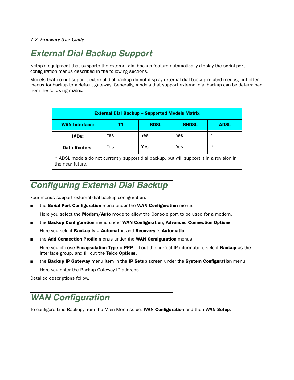 External dial backup support, Configuring external dial backup, Wan configuration | External dial backup suppor t -2, Configuring external dial backup -2, Wan configuration -2, Conﬁguring external dial backup, Wan conﬁguration | Netopia Firmware 4000-Series User Manual | Page 190 / 314