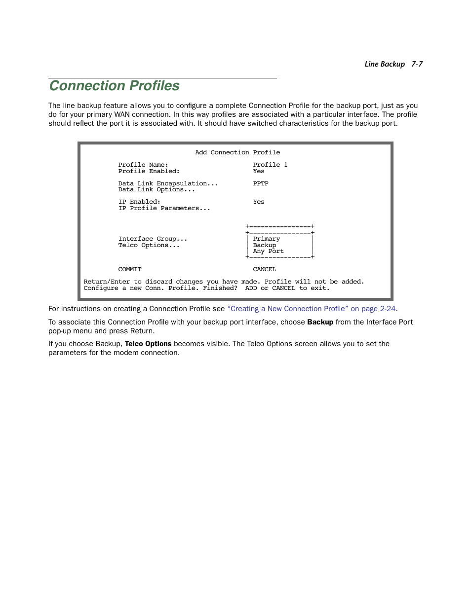Connection profiles, Connection profiles -7, Connection proﬁles | Netopia Firmware 4000-Series User Manual | Page 195 / 314