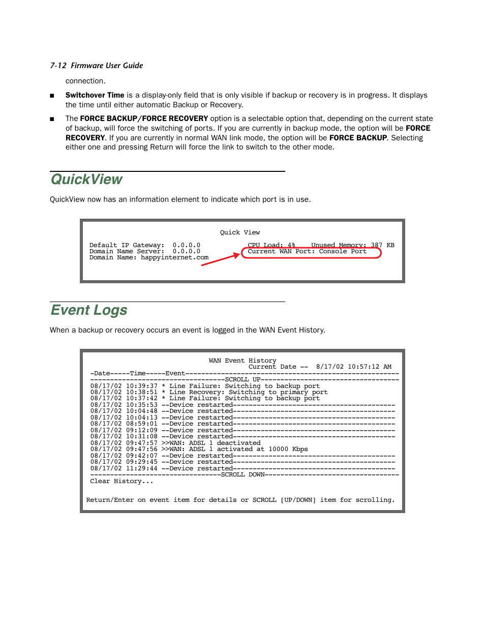Quickview, Event logs, Quickview -12 | Event logs -12 | Netopia Firmware 4000-Series User Manual | Page 200 / 314