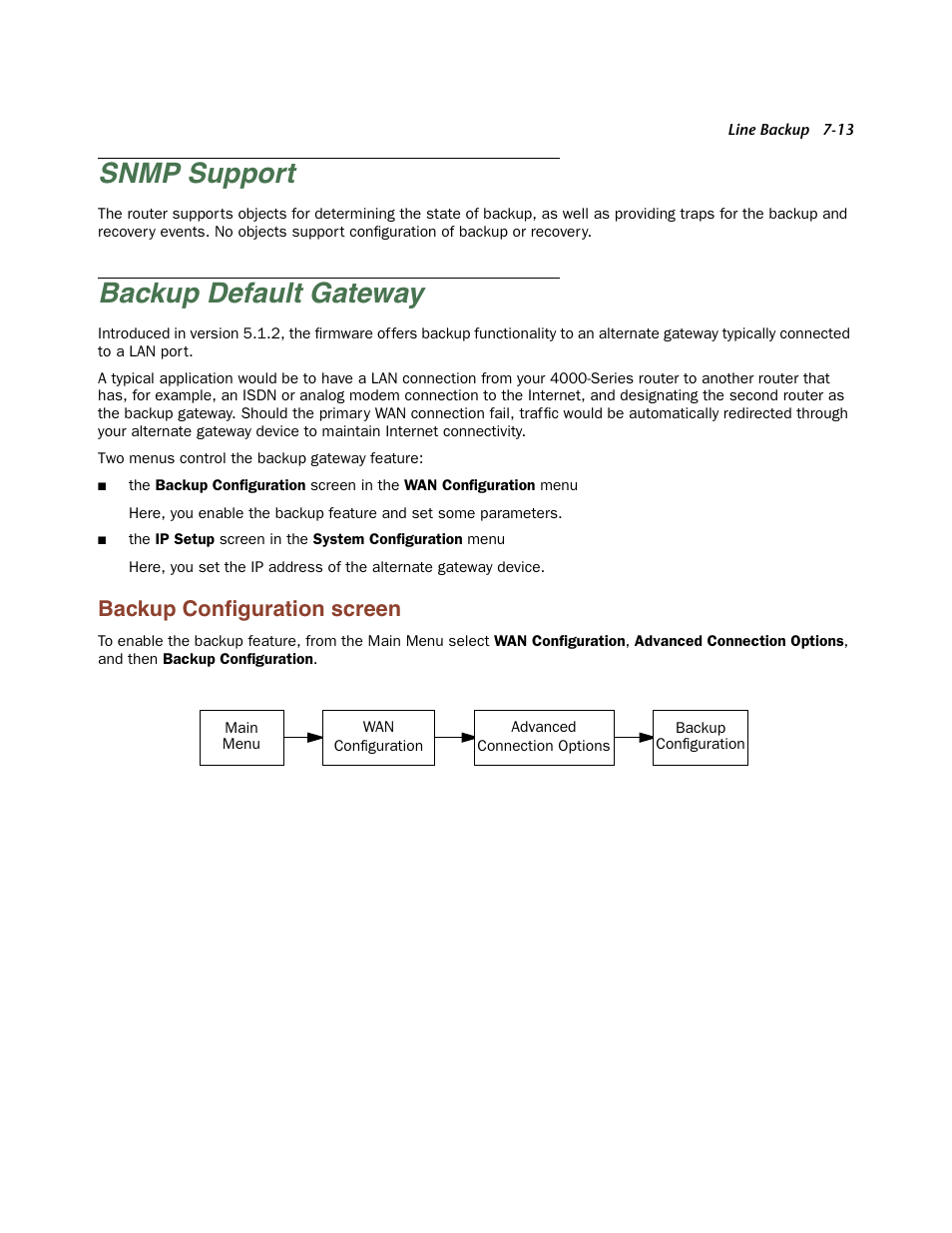 Snmp support, Backup default gateway, Backup configuration screen | Snmp suppor t -13, Backup default gateway -13, Backup configuration screen -13, E. see, Backup conﬁguration screen | Netopia Firmware 4000-Series User Manual | Page 201 / 314