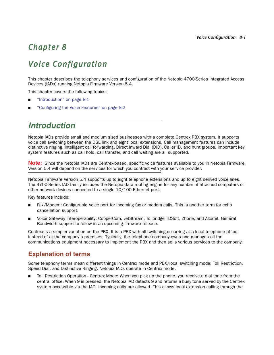 Voice configuration, Introduction, Explanation of terms | Chapter 8 — voice configuration -1, Introduction -1, Explanation of terms -1, Chapter 8, “voice configuration | Netopia Firmware 4000-Series User Manual | Page 207 / 314