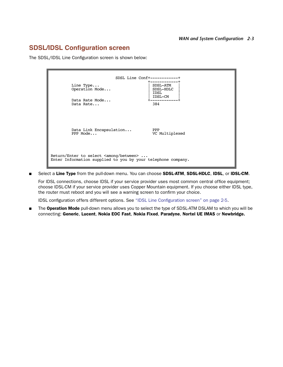 Sdsl/idsl configuration screen, Sdsl/idsl configuration screen -3, Sdsl/idsl conﬁguration screen | Netopia Firmware 4000-Series User Manual | Page 21 / 314