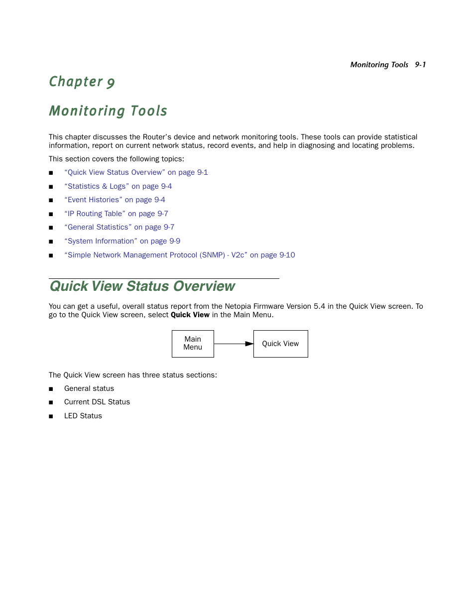 Monitoring tools, Quick view status overview, Chapter 9 — monitoring tools -1 | Quick view status over view -1 | Netopia Firmware 4000-Series User Manual | Page 211 / 314