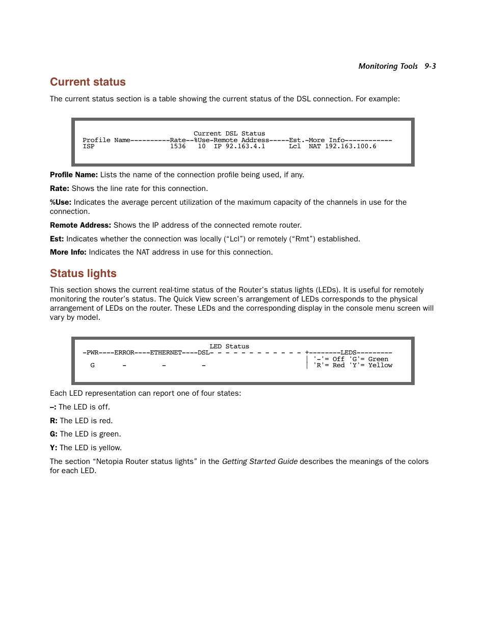 Current status, Status lights, Current status -3 | Status lights -3 | Netopia Firmware 4000-Series User Manual | Page 213 / 314