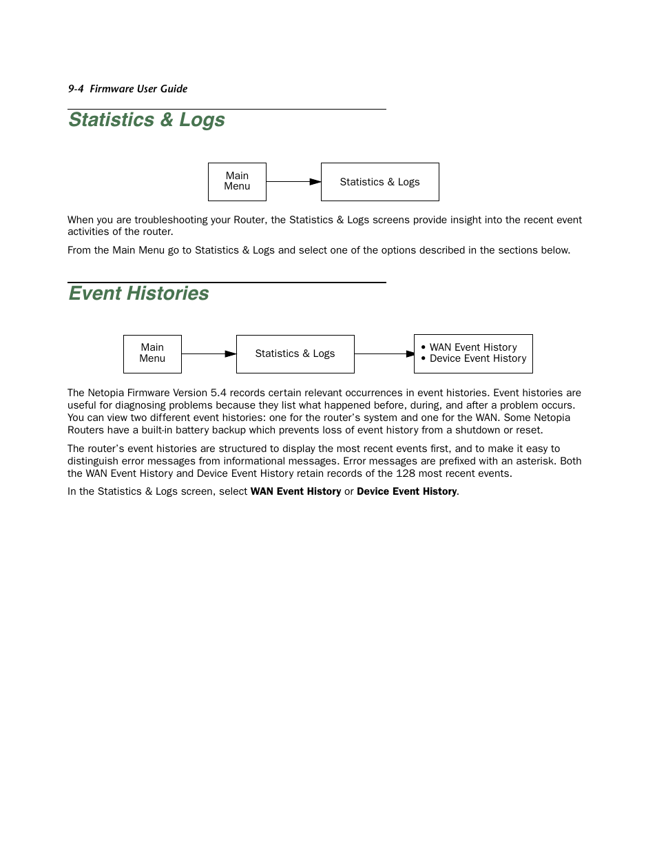Statistics & logs, Event histories, Statistics & logs -4 | Event histories -4 | Netopia Firmware 4000-Series User Manual | Page 214 / 314