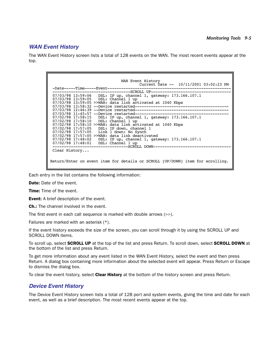 Wan event history, Device event history | Netopia Firmware 4000-Series User Manual | Page 215 / 314