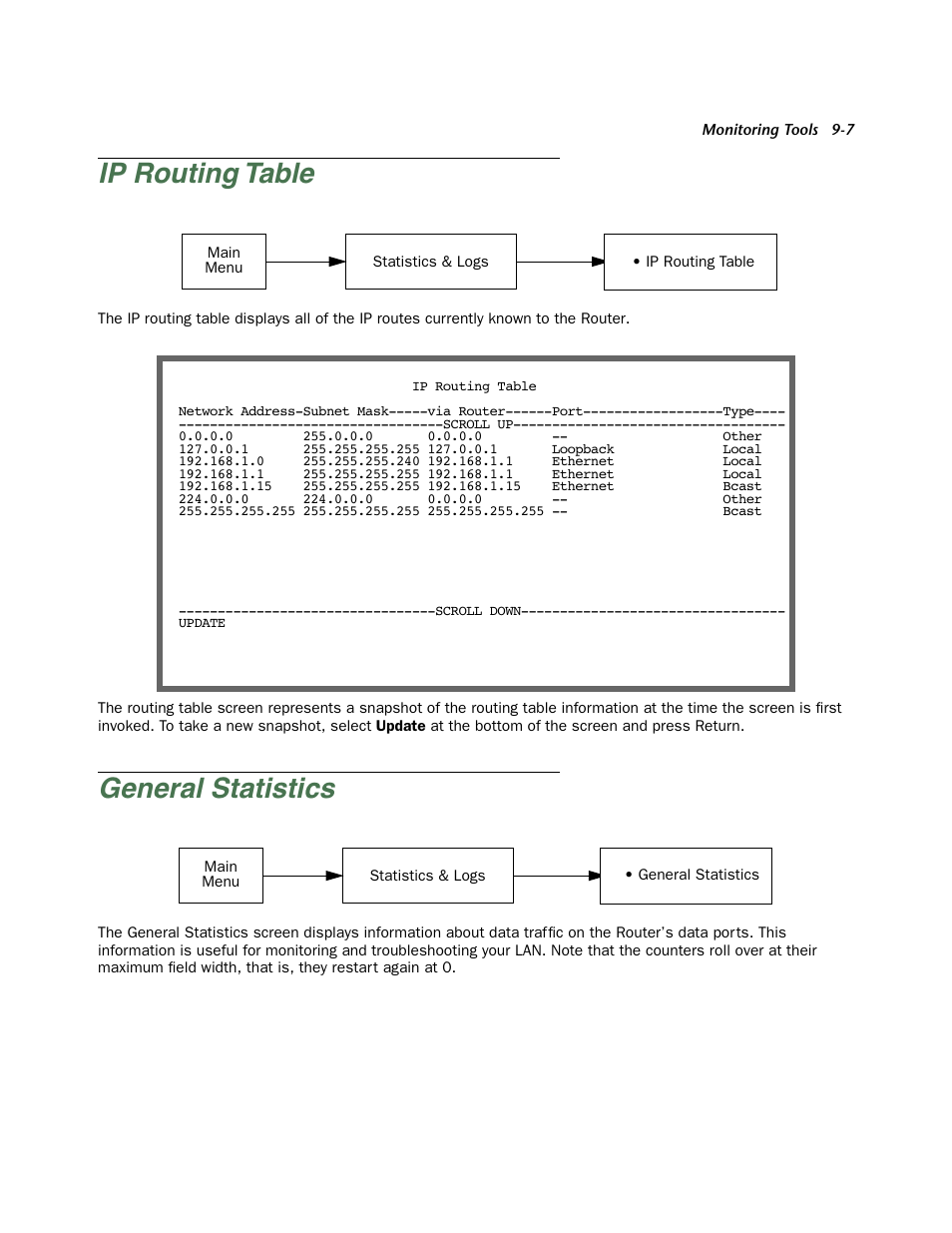 Ip routing table, General statistics, Ip routing table -7 | General statistics -7 | Netopia Firmware 4000-Series User Manual | Page 217 / 314