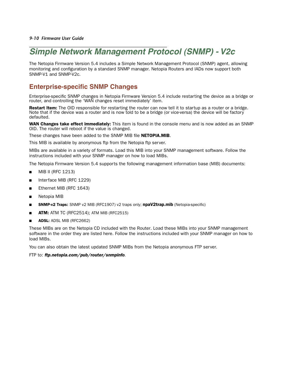 Simple network management protocol (snmp) - v2c, Enterprise-specific snmp changes, Enterprise-specific snmp changes -10 | Enterprise-speciﬁc snmp changes | Netopia Firmware 4000-Series User Manual | Page 220 / 314