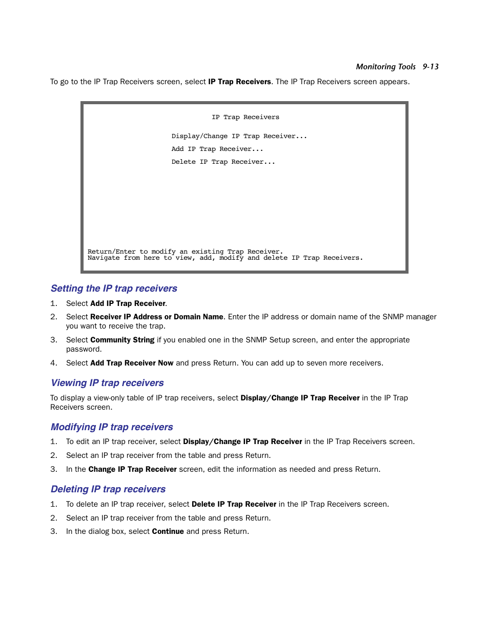 Setting the ip trap receivers, Viewing ip trap receivers, Modifying ip trap receivers | Deleting ip trap receivers | Netopia Firmware 4000-Series User Manual | Page 223 / 314