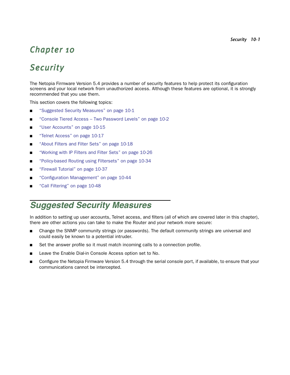 Security, Suggested security measures, Chapter 10 — security -1 | Suggested security measures -1, Chapter 10, Esses. see the chapter | Netopia Firmware 4000-Series User Manual | Page 225 / 314