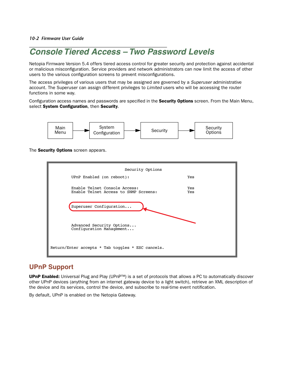 Console tiered access – two password levels, Upnp support, Console tiered access – two password levels -2 | Upnp suppor t -2 | Netopia Firmware 4000-Series User Manual | Page 226 / 314