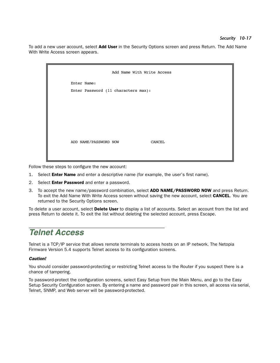 Telnet access, Telnet access -17 | Netopia Firmware 4000-Series User Manual | Page 241 / 314