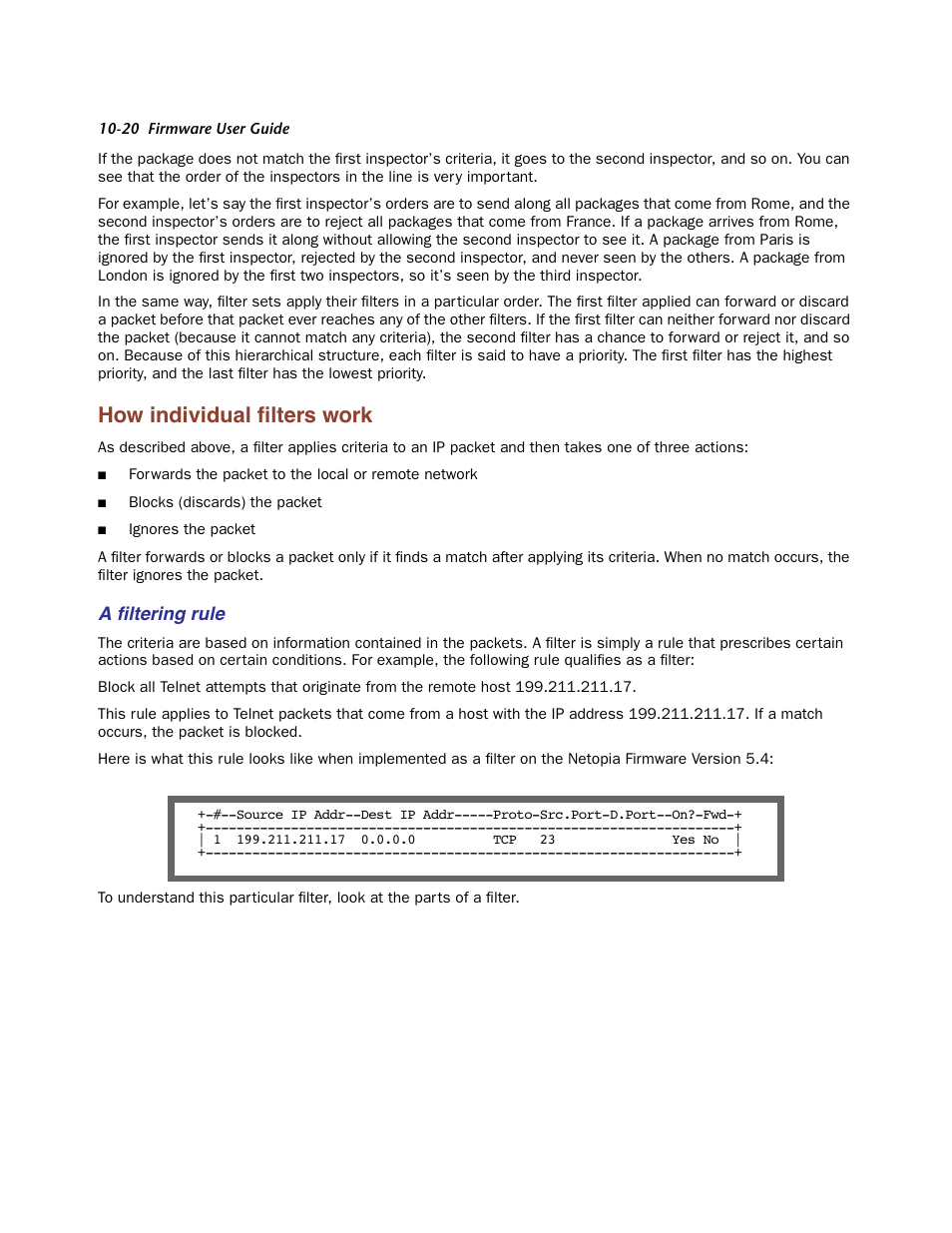 How individual filters work, A filtering rule, How individual filters work -20 | How individual ﬁlters work, A ﬁltering rule | Netopia Firmware 4000-Series User Manual | Page 244 / 314