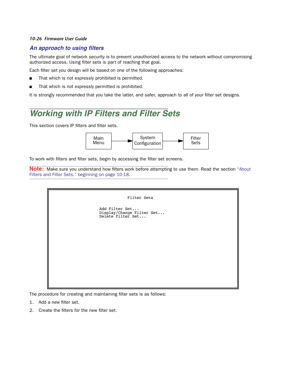An approach to using filters, Working with ip filters and filter sets, Working with ip filters and filter sets -26 | An approach to using ﬁlters | Netopia Firmware 4000-Series User Manual | Page 250 / 314
