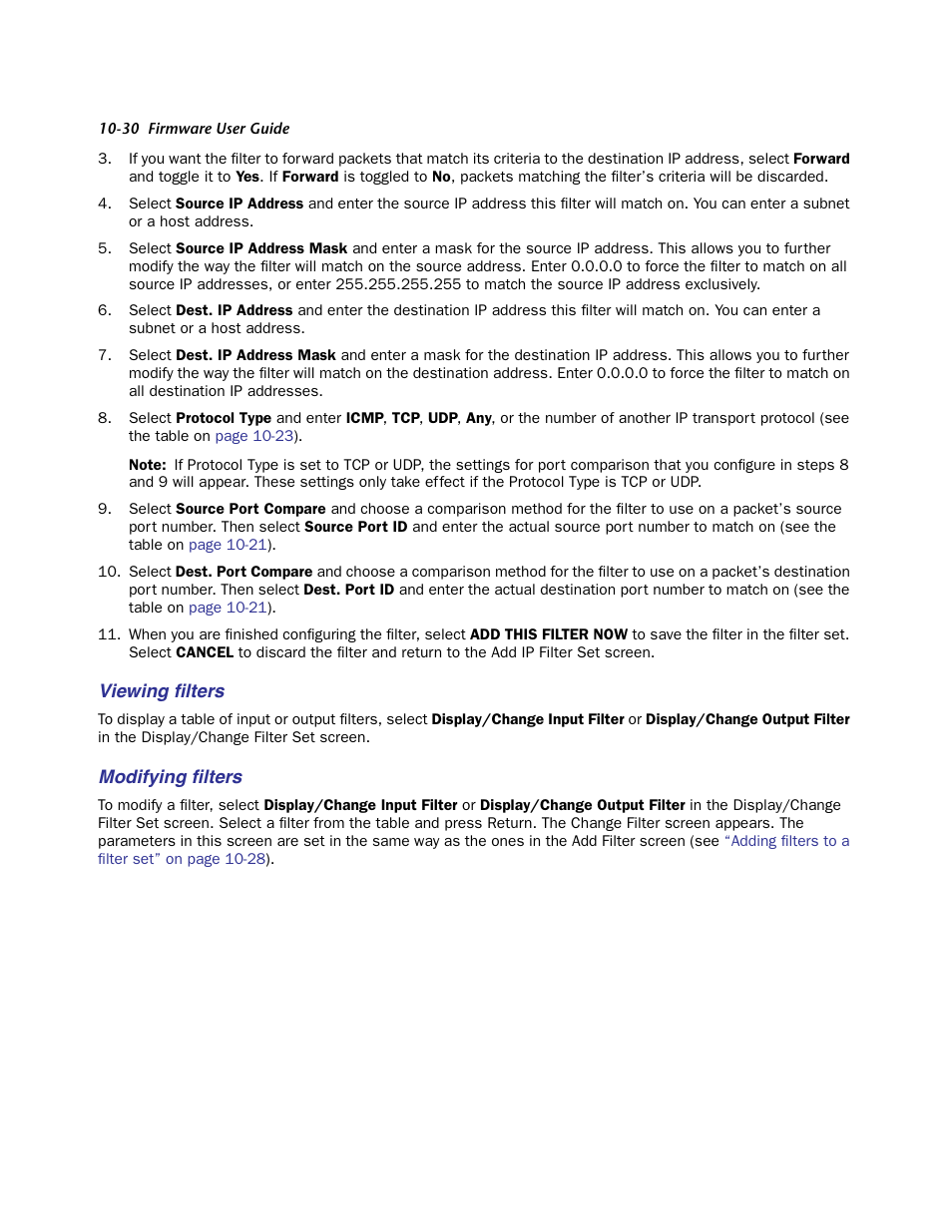 Viewing filters, Modifying filters, Viewing ﬁlters | Modifying ﬁlters | Netopia Firmware 4000-Series User Manual | Page 254 / 314