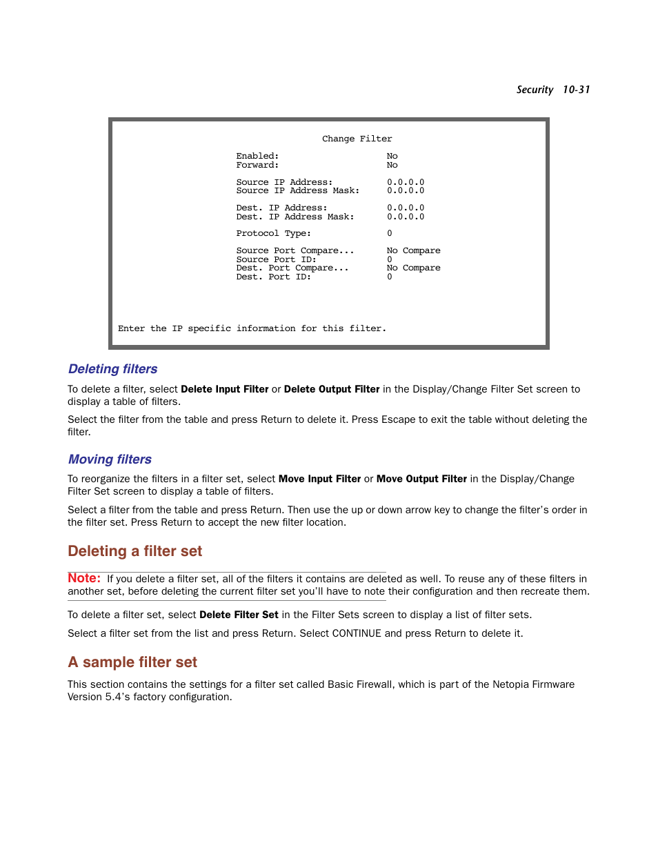 Deleting filters, Moving filters, Deleting a filter set | A sample filter set, Deleting a filter set -31, A sample filter set -31, Deleting a ﬁlter set, A sample ﬁlter set | Netopia Firmware 4000-Series User Manual | Page 255 / 314