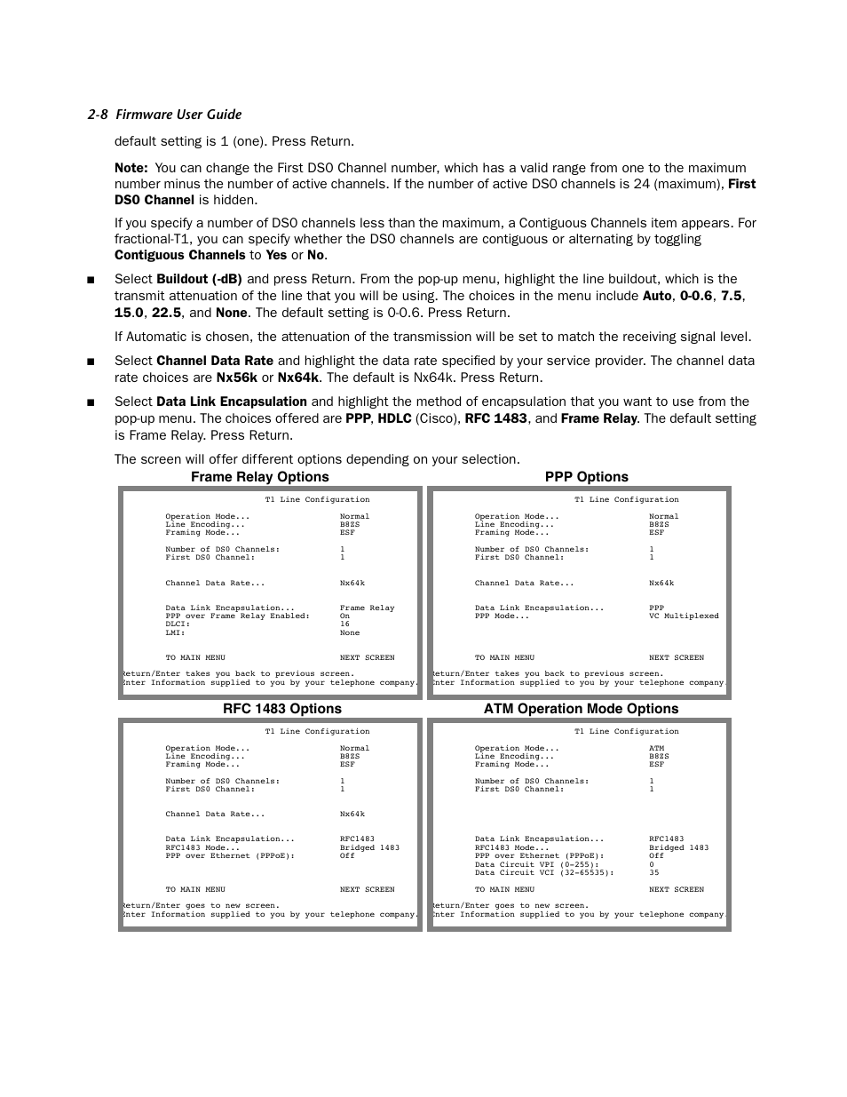 Ppp options frame relay options, Rfc 1483 options, Atm operation mode options | Netopia Firmware 4000-Series User Manual | Page 26 / 314