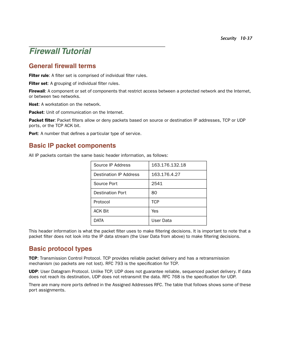 Firewall tutorial, General firewall terms, Basic ip packet components | Basic protocol types, Firewall tutorial -37, General firewall terms -37, Basic ip packet components -37, Basic protocol types -37, General ﬁrewall terms | Netopia Firmware 4000-Series User Manual | Page 261 / 314