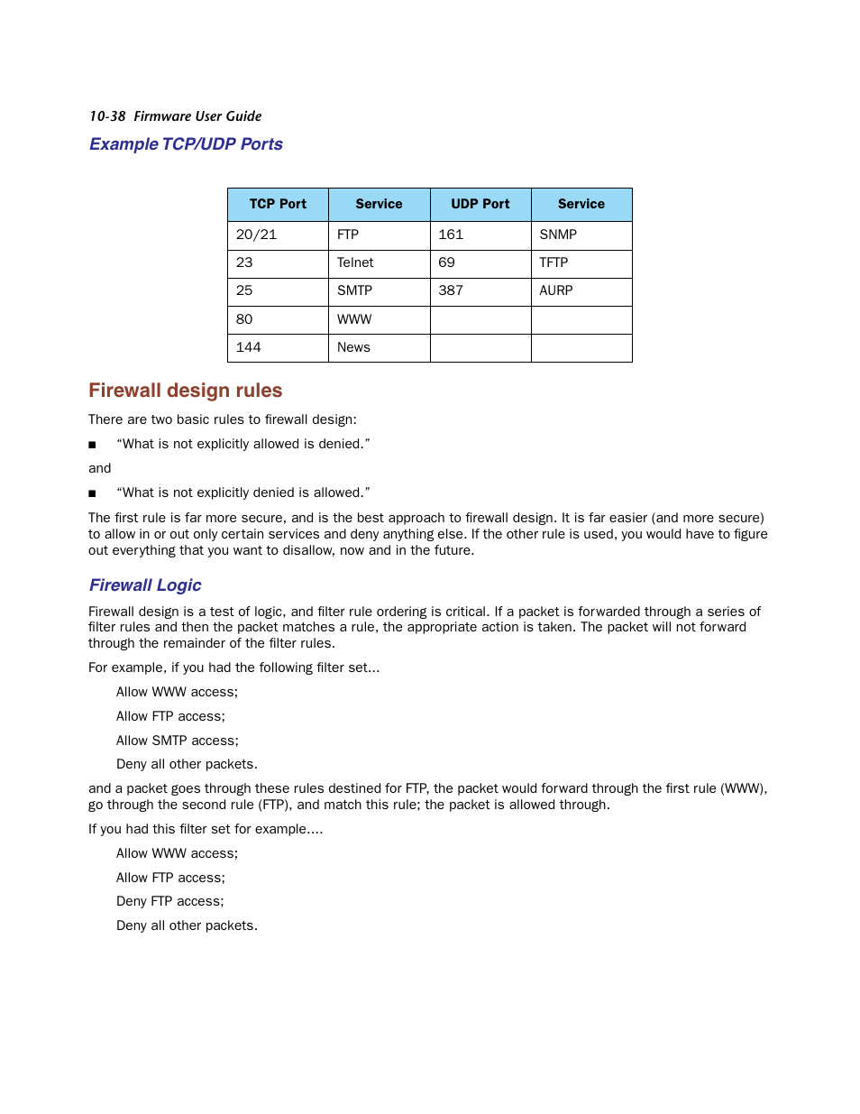 Example tcp/udp ports, Firewall design rules, Firewall logic | Firewall design rules -38 | Netopia Firmware 4000-Series User Manual | Page 262 / 314