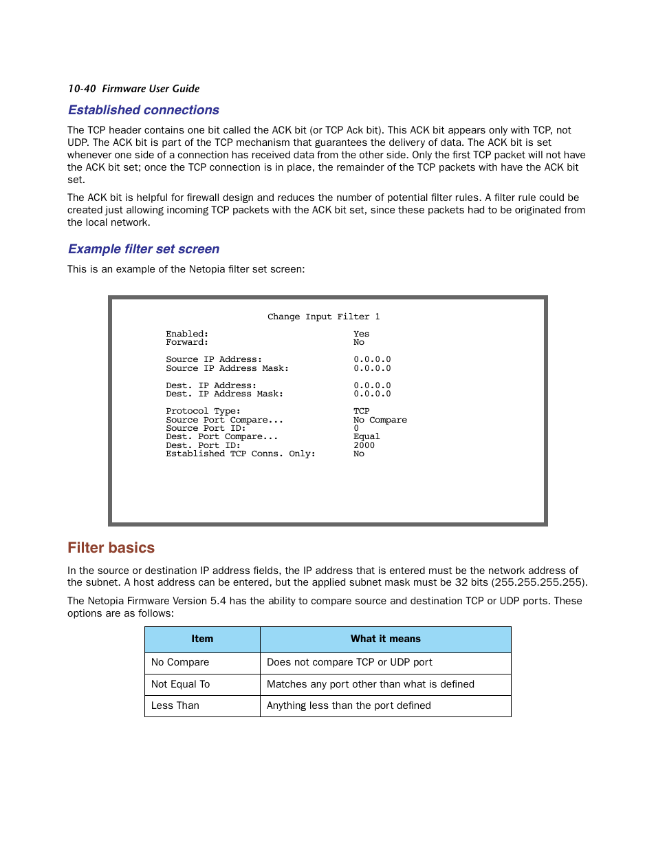 Established connections, Example filter set screen, Filter basics | Filter basics -40, Example ﬁlter set screen | Netopia Firmware 4000-Series User Manual | Page 264 / 314