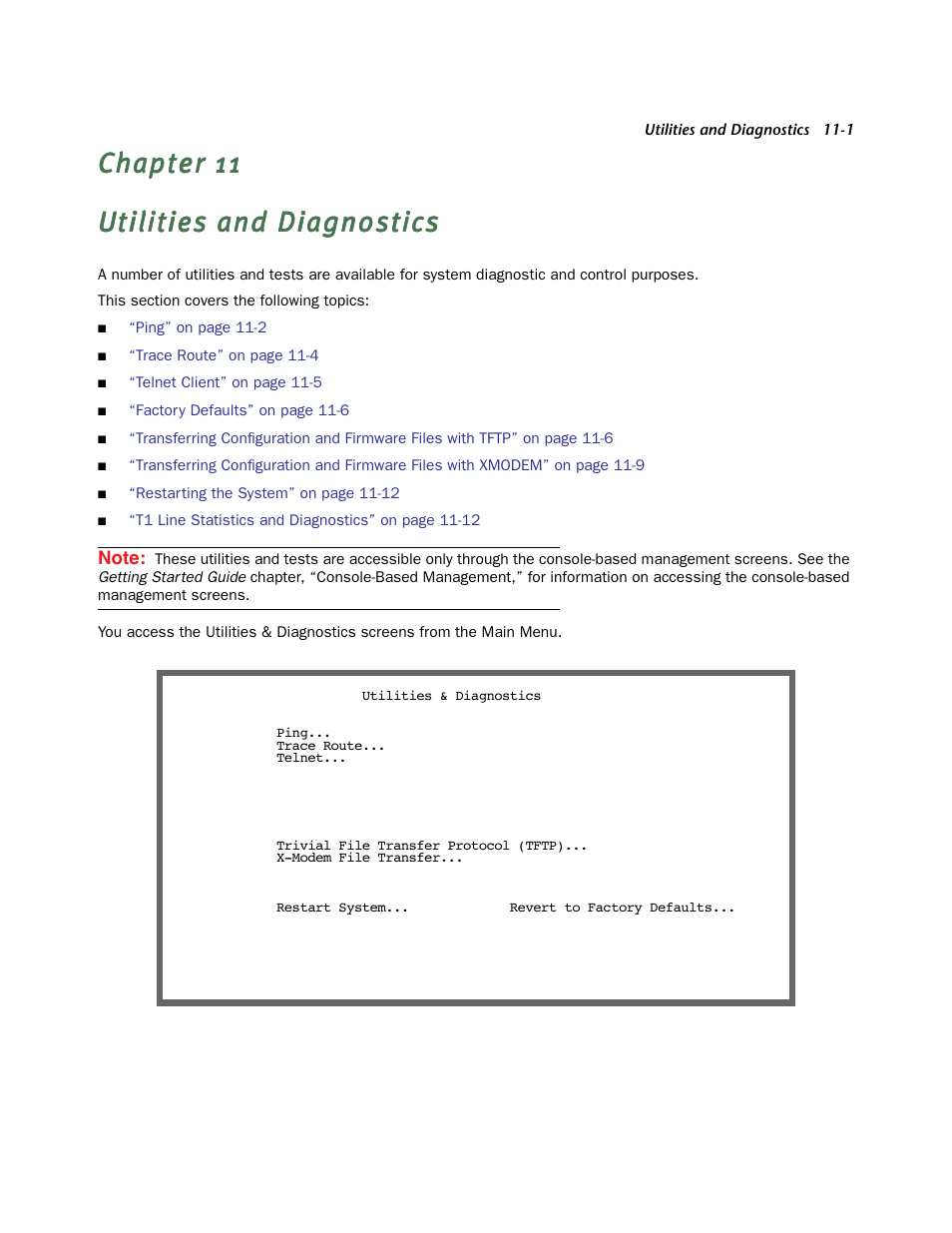 Utilities and diagnostics, Chapter 11 — utilities and diagnostics -1, Ebooting the system. see | Chapter 11, “utilities, And diagnostics | Netopia Firmware 4000-Series User Manual | Page 275 / 314