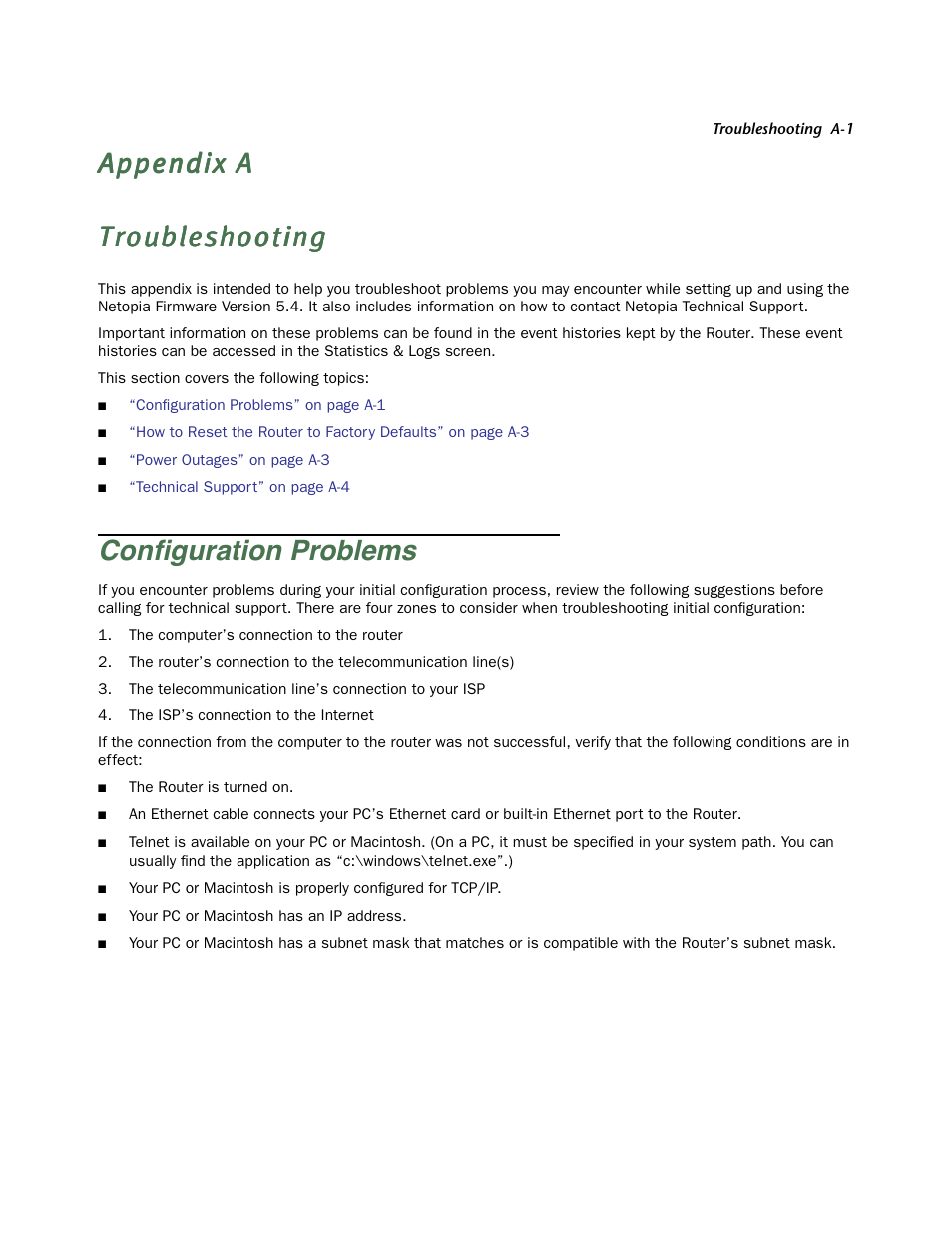 Troubleshooting, Configuration problems, Conﬁguration problems | Netopia Firmware 4000-Series User Manual | Page 289 / 314