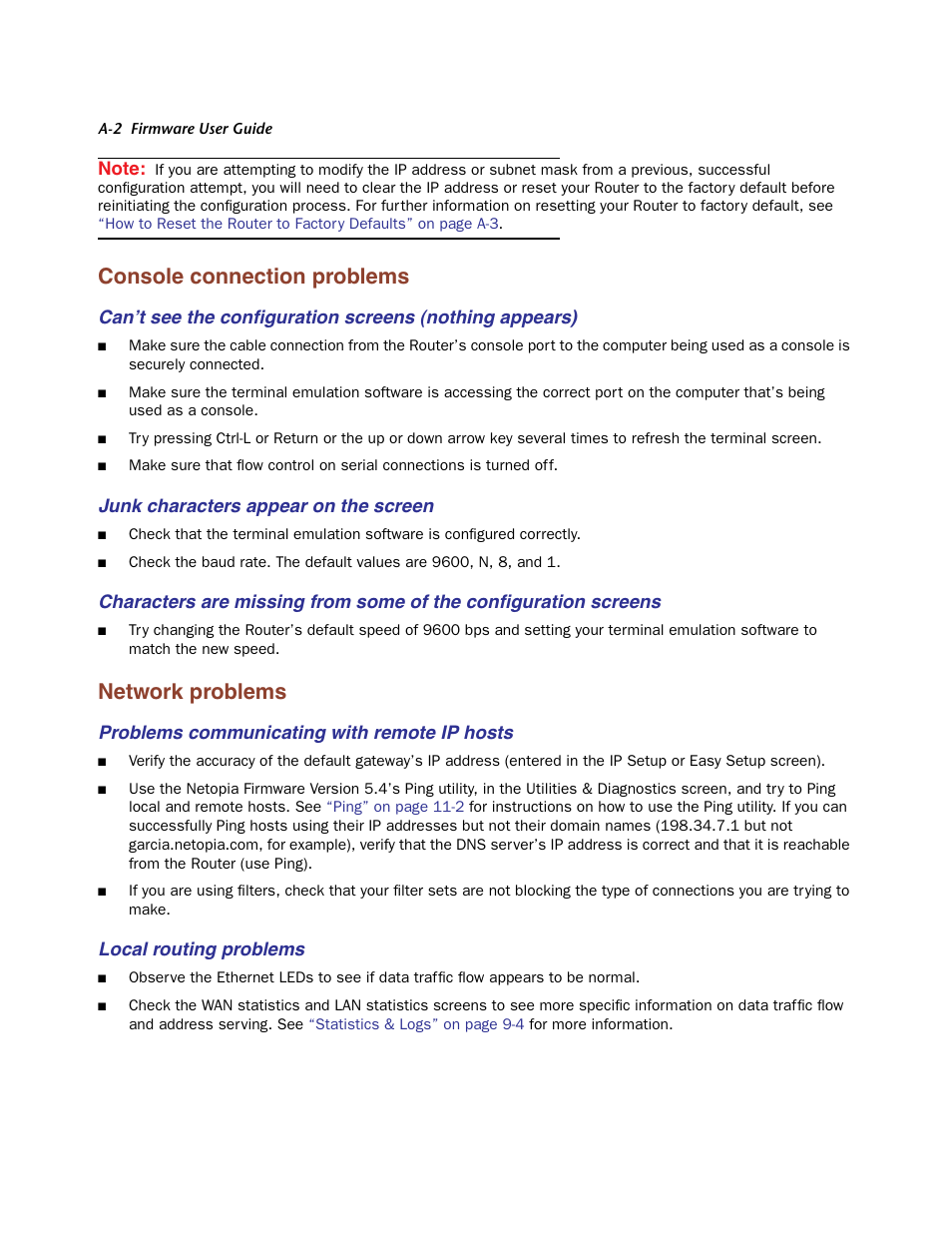 Console connection problems, Junk characters appear on the screen, Network problems | Problems communicating with remote ip hosts, Local routing problems | Netopia Firmware 4000-Series User Manual | Page 290 / 314