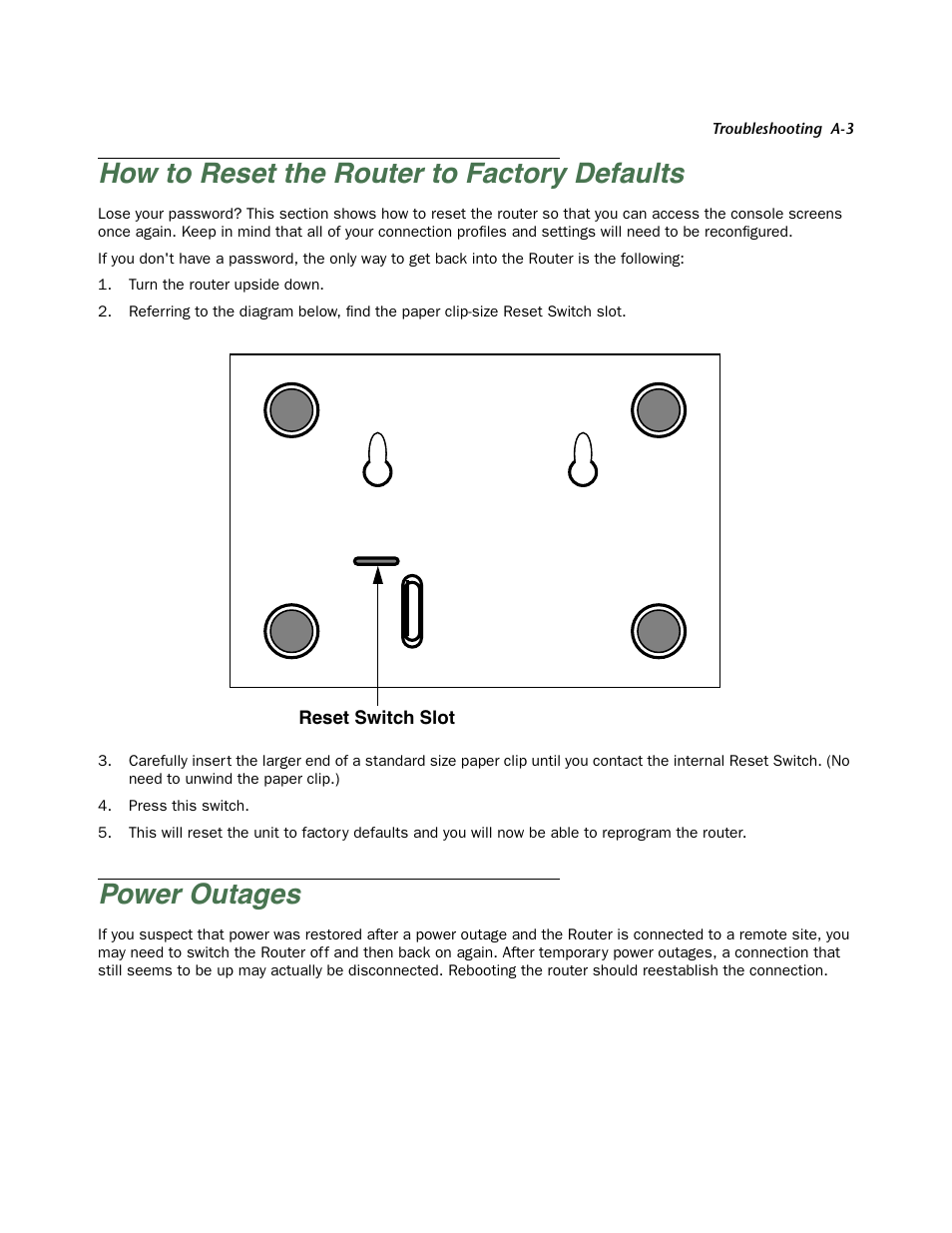 How to reset the router to factory defaults, Power outages | Netopia Firmware 4000-Series User Manual | Page 291 / 314