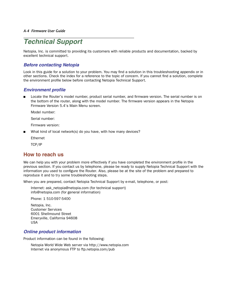 Technical support, Before contacting netopia, Environment profile | How to reach us, Online product information | Netopia Firmware 4000-Series User Manual | Page 292 / 314